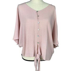 Krazy Kat Oversize Tie Front Button Crop Top Button Front Batwing Sleeve Sz M